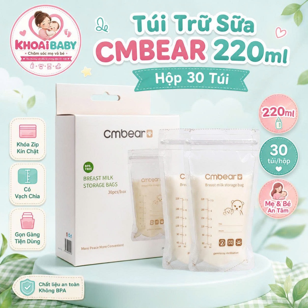 Túi Trữ Sữa Mẹ CMBEAR 220ml, Hộp 30 Túi Khóa Zip Có Vạch Chia Dung Tích - KHOAIBAB