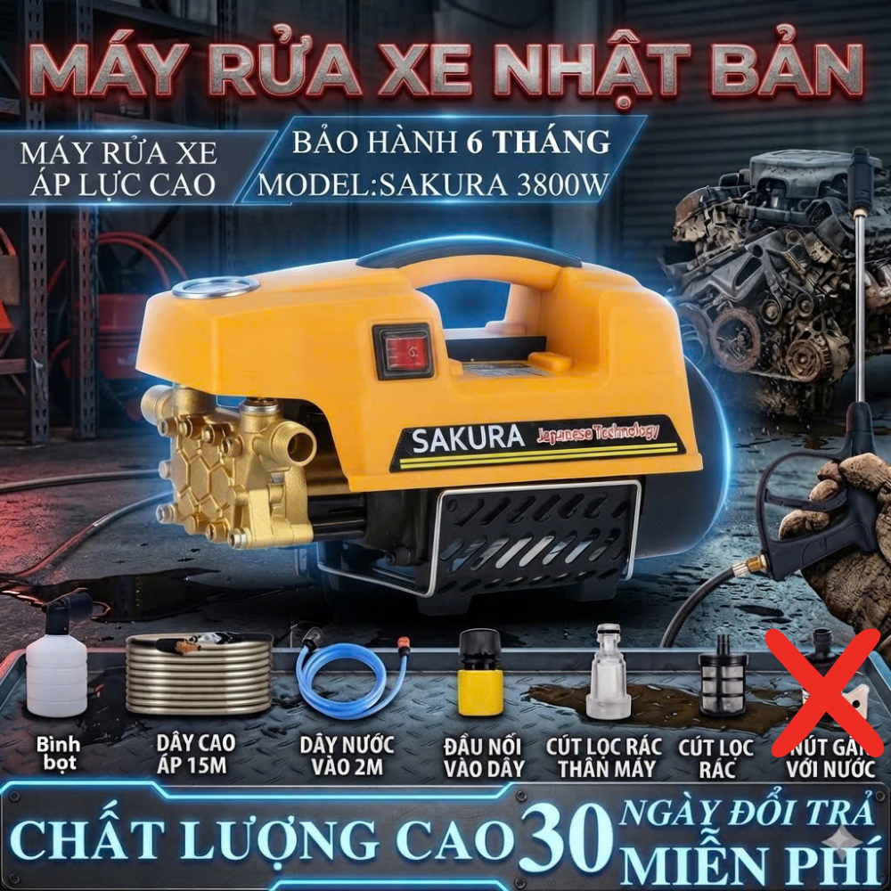 [CHÍNH HÃNG] Máy Rửa Xe Sakura ASK9093 Áp Lực Cao - Máy Rửa Xe Mini - TẶNG Bình Tạo Bọt + Phụ Kiện