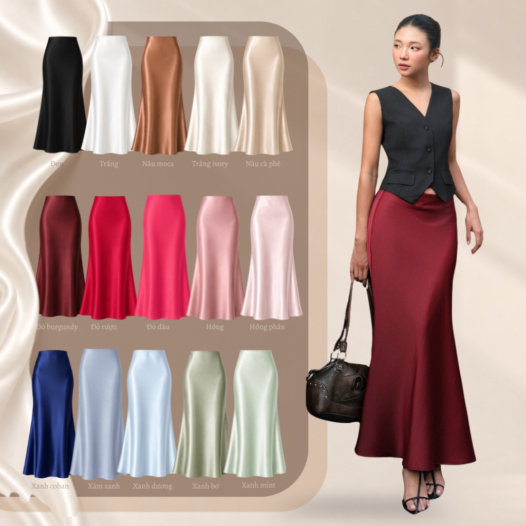 [MUA 2 GIẢM 20%] Form rộng, lùi size - Chân Váy Lụa Vân Gỗ Dáng Dài, Chân Váy Lụa Cạp Trễ Hai Lớp La Boutique V006