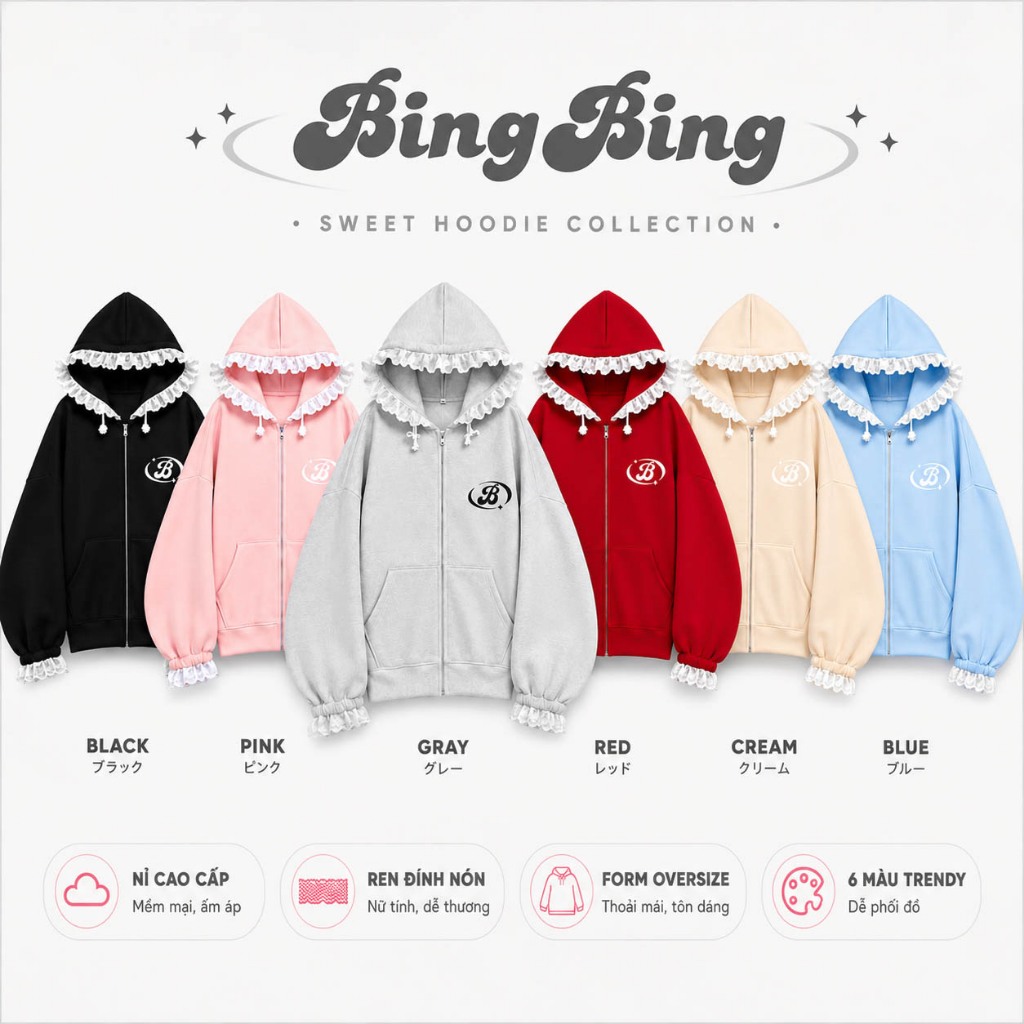 BingBing - Áo Khoác Hoodie Nỉ Phối Ren Form Rộng Unisex