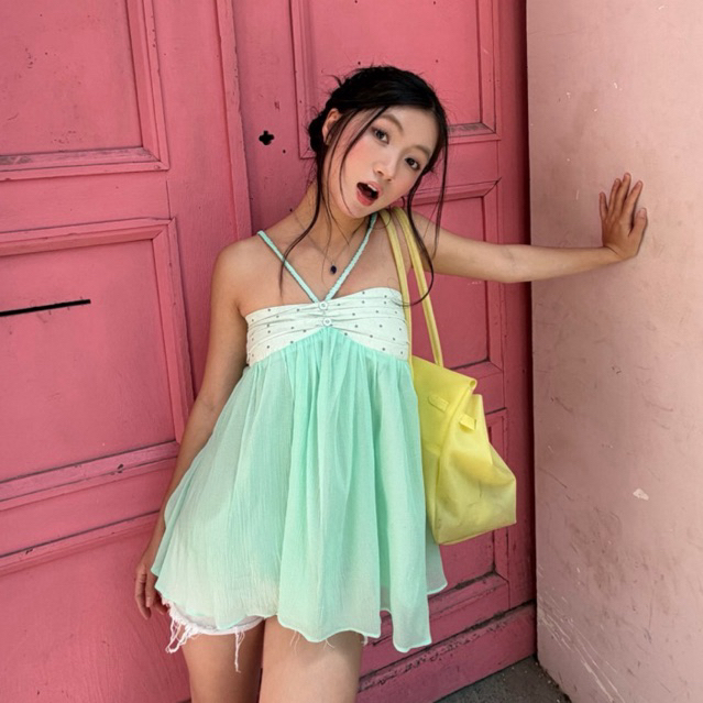 𝐒𝐭𝐞𝐥𝐥𝐚 𝐓𝐨𝐩 - 𝐘𝐨𝐮𝐧𝐢 | Áo Babydoll Voan Dây Yếm Phối Sao Tiểu Thư