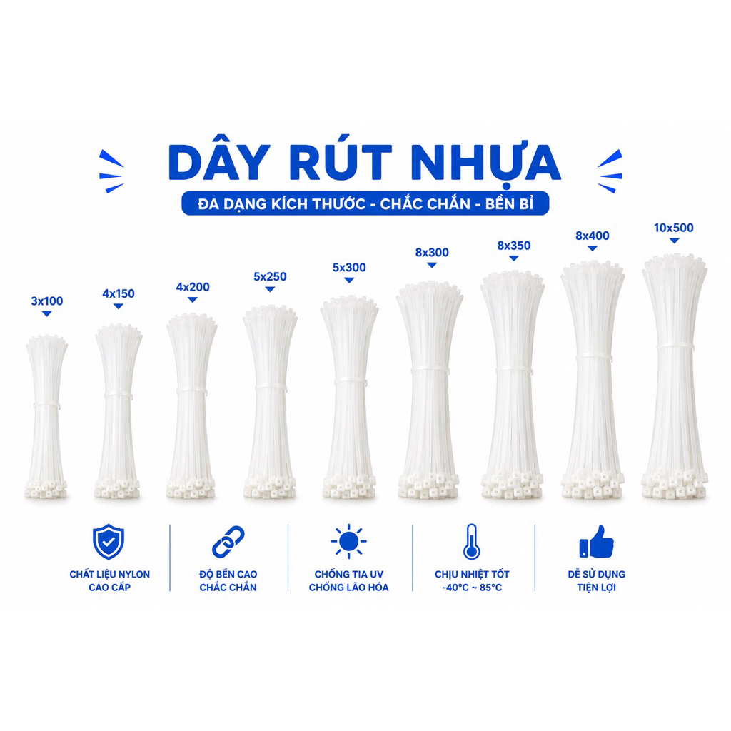 COMBO Bịch 100 sợi dây rút nhựa đủ size