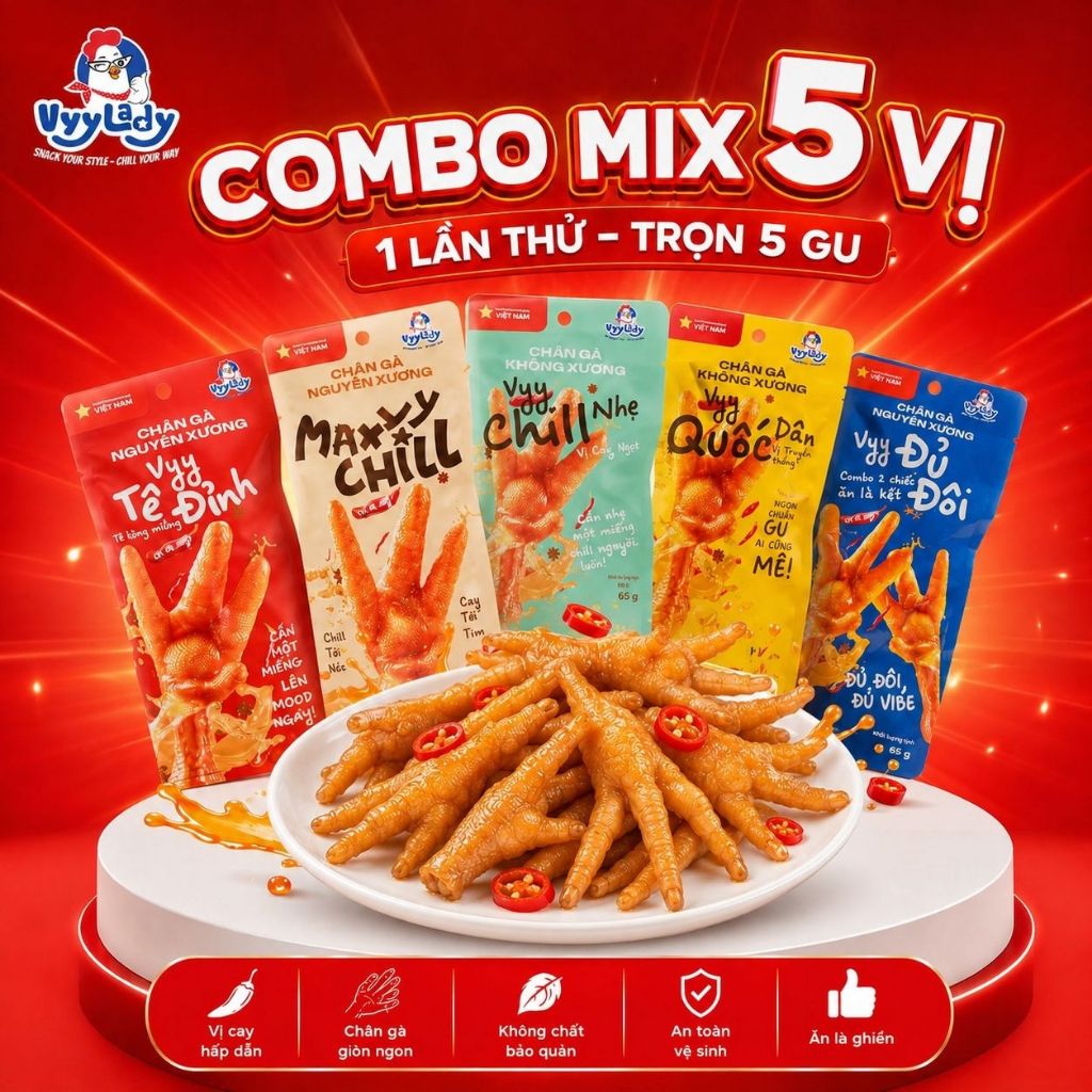 [BEST SELLER] Combo 5 Chân Gà Mix 5 Vị Khác Nhau Vyy Lady – Ăn Vặt Cay Ngon, Đậm Vị, Chiếu Xạ Sạch Sẽ