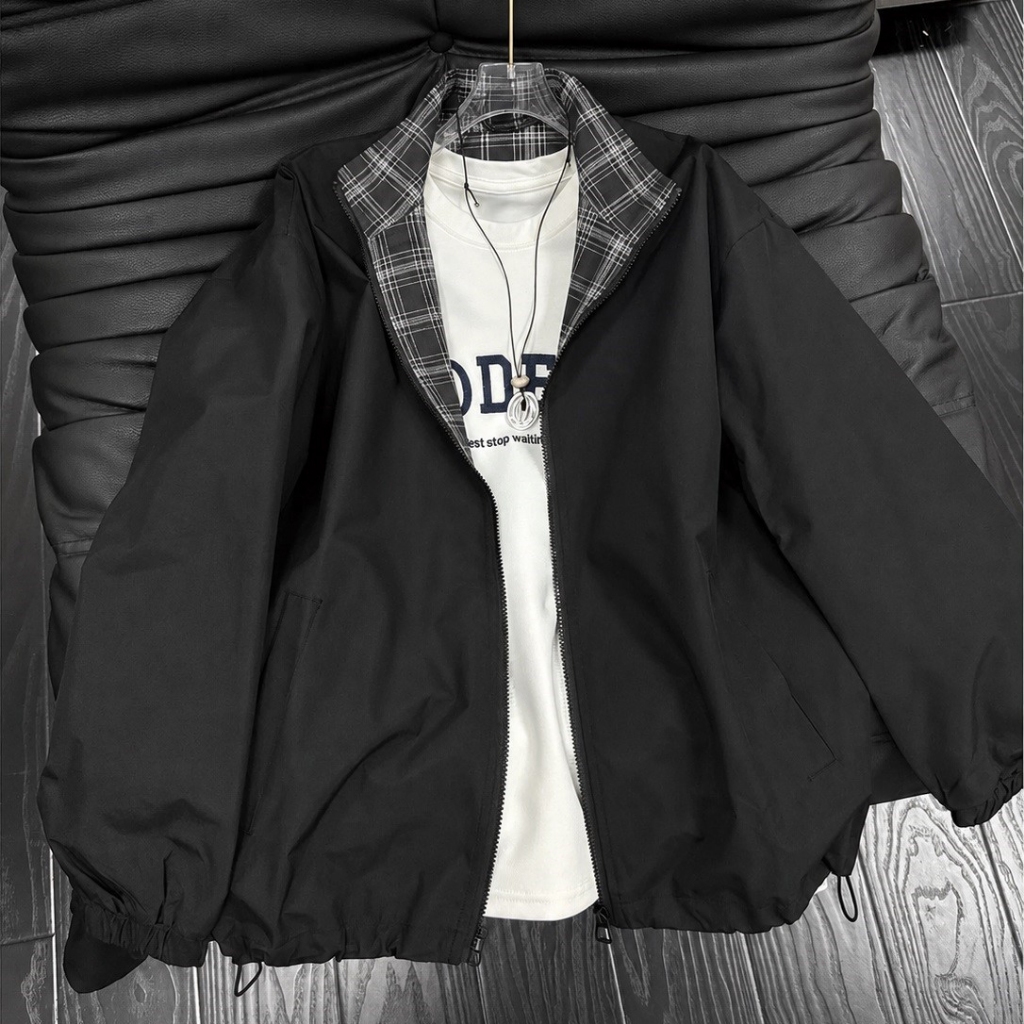 Áo Khoác Gió Dù Unisex Cổ Caro 2 Lớp Form Rộng, Áo Jacket Nam Nữ Khóa Kéo Phong Cách Hàn Quốc