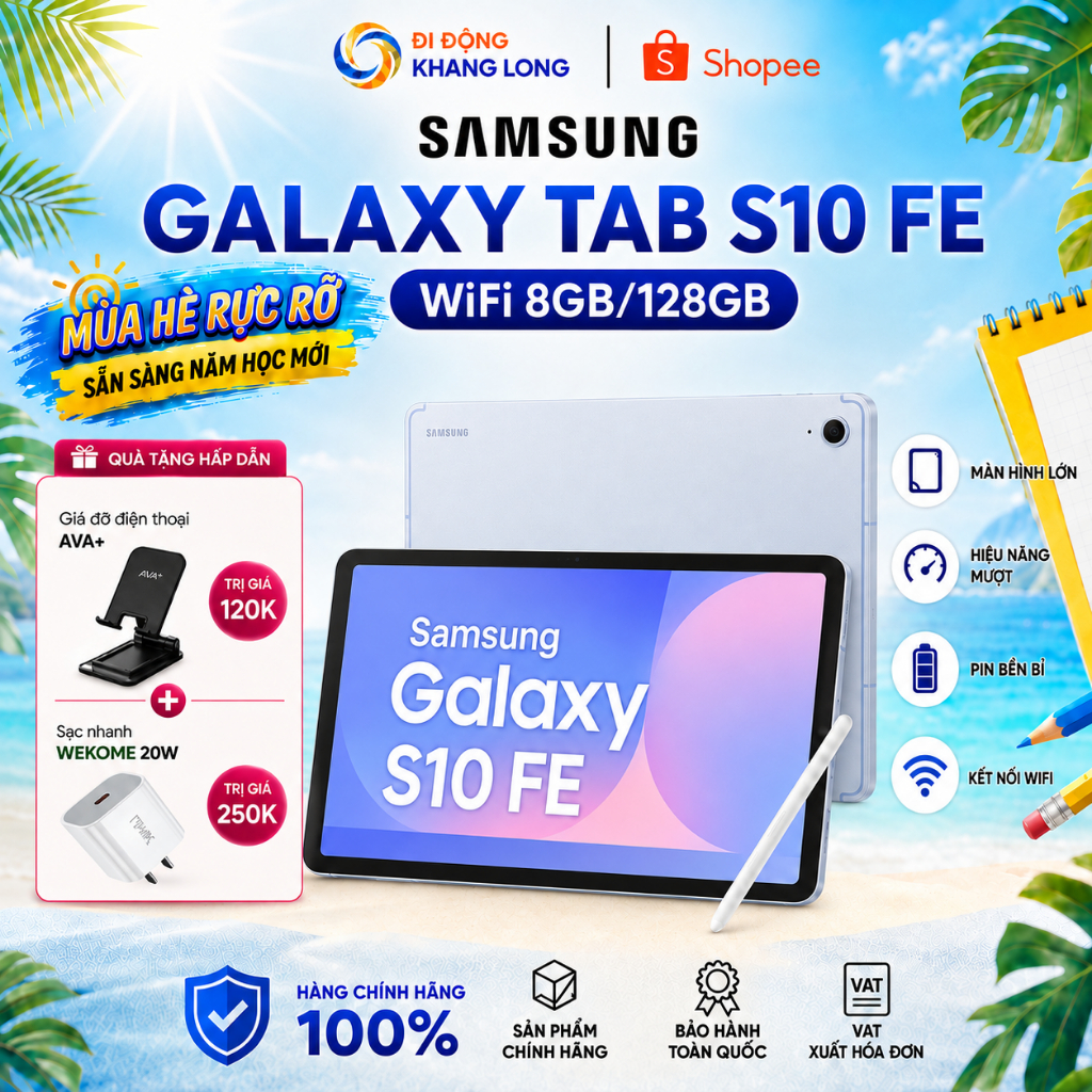 Máy Tính Bảng Samsung Galaxy Tab S10 FE Wifi 8GBI128GB| S10 FE 5G 8GB/128GB - Tặng sạc Wekome WP-U55 20W Chính hãng.