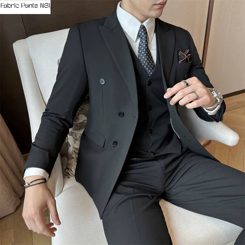 Áo Vest Nam 6 Cúc Vải Chéo 79 Cao Cấp FABRICPANTSN81 , Bộ Comple Màu Đen 4 Lớp Có Đệm Vai Thanh Lịch- VEST001
