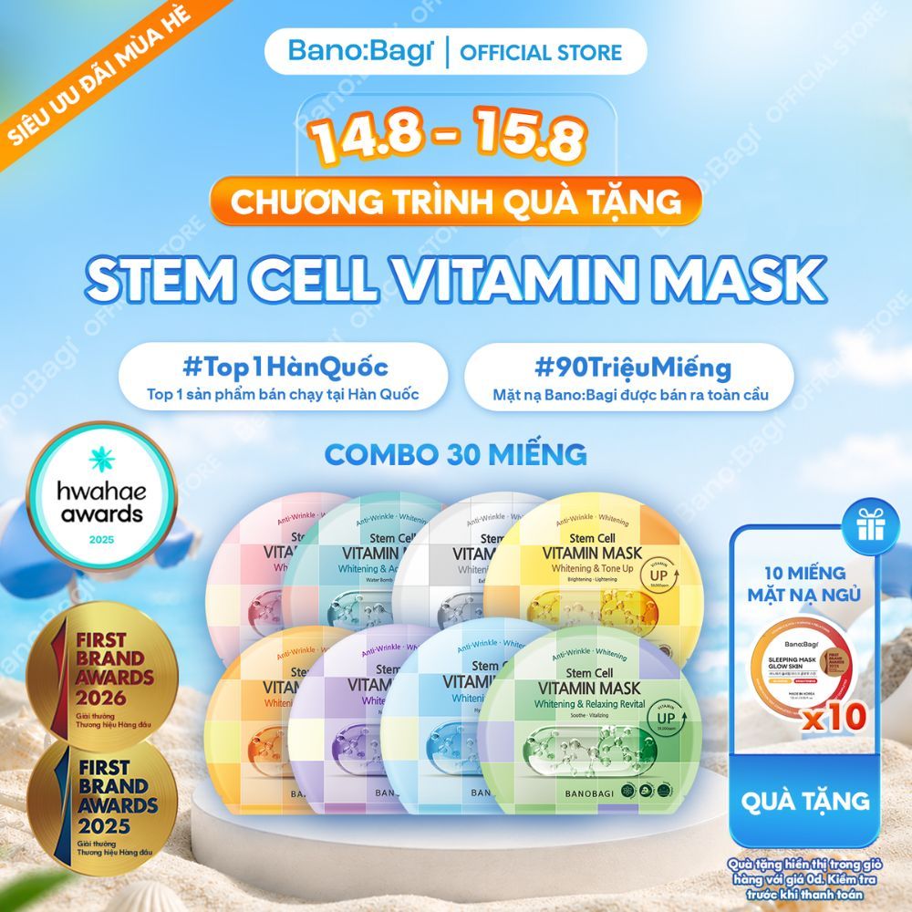 COMBO 30 Miếng Mặt Nạ Bano:Bagi Stem Cell Vitamin Mask Dưỡng Da Chuyên Sâu Dành Cho Mọi Loại Da 30ml
