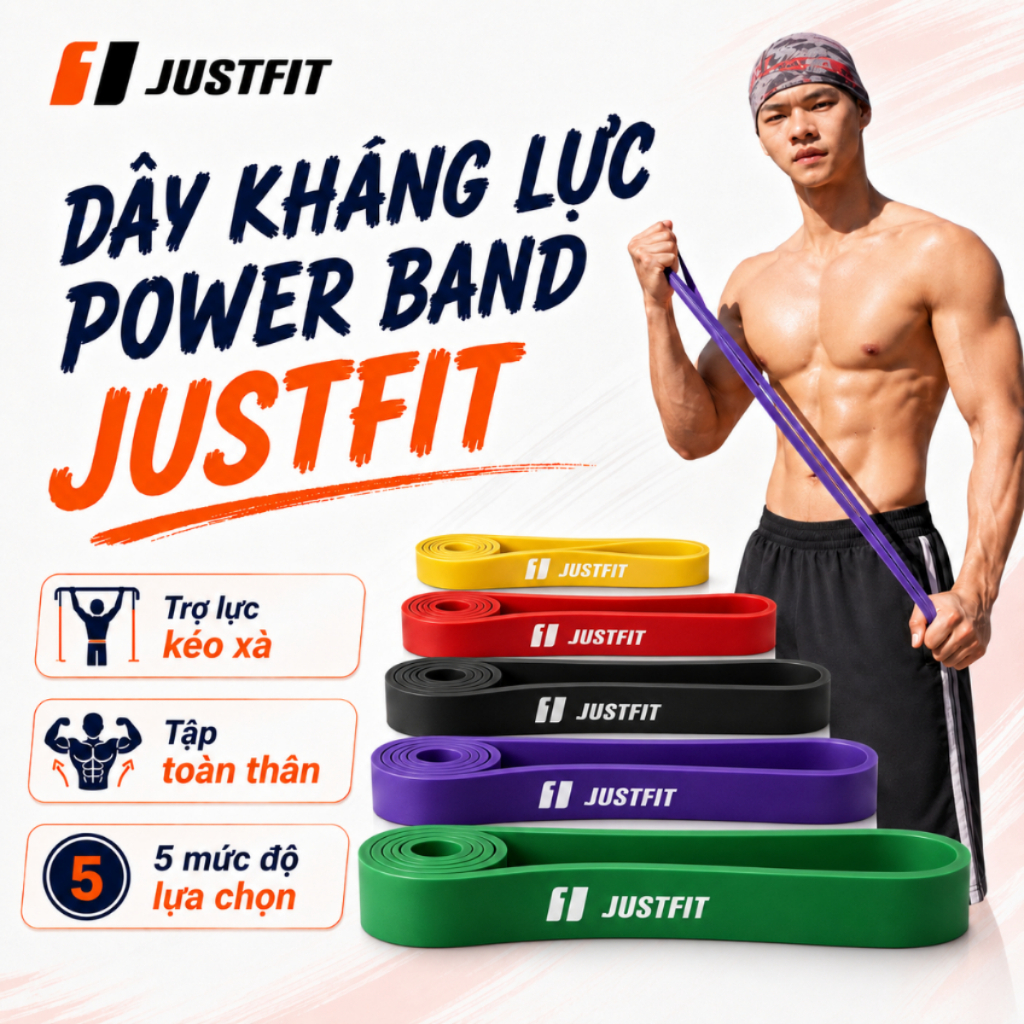 Dây kháng lực tập gym JUSTFIT power band cao su đàn hồi trợ lực kéo xà, tập tay, chân, toàn thân