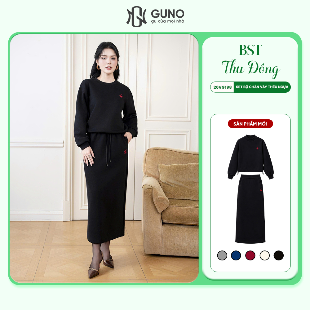 Set bộ chân váy nỉ dáng dài GUNO logo thêu ngựa cao cấp form suông tôn dáng thanh lịch 26VG198