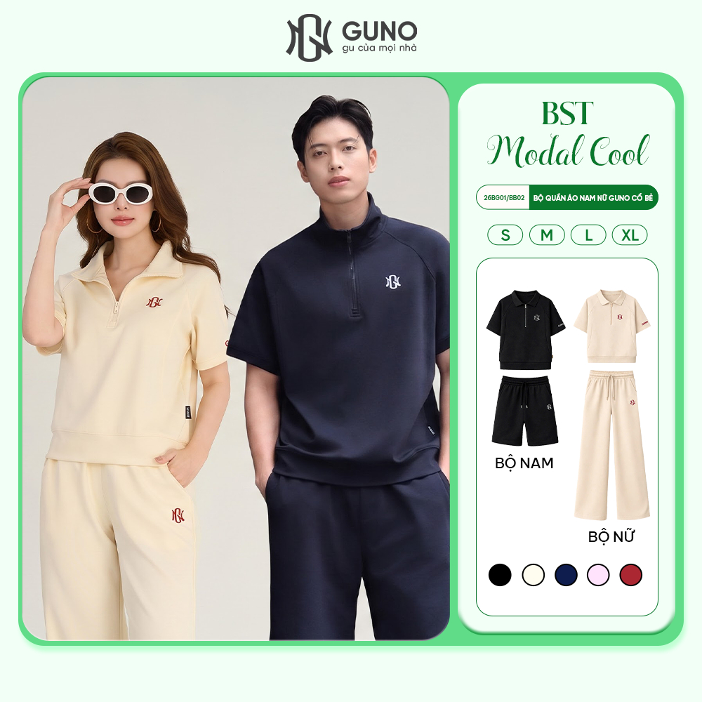 [BST Modal Cool 2026] Bộ Quần Áo Nam Nữ GUNO Cao Cấp Cổ Bẻ Kèm Quần Suông Logo Thêu 26BG01/26BB02