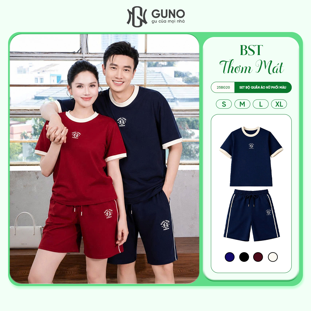 [BST THƠM MÁT] Bộ Quần Áo nữ GUNO THƠM MÁT cổ tròn phối màu quần đùi ngố logo thêu 26BG20/BB30