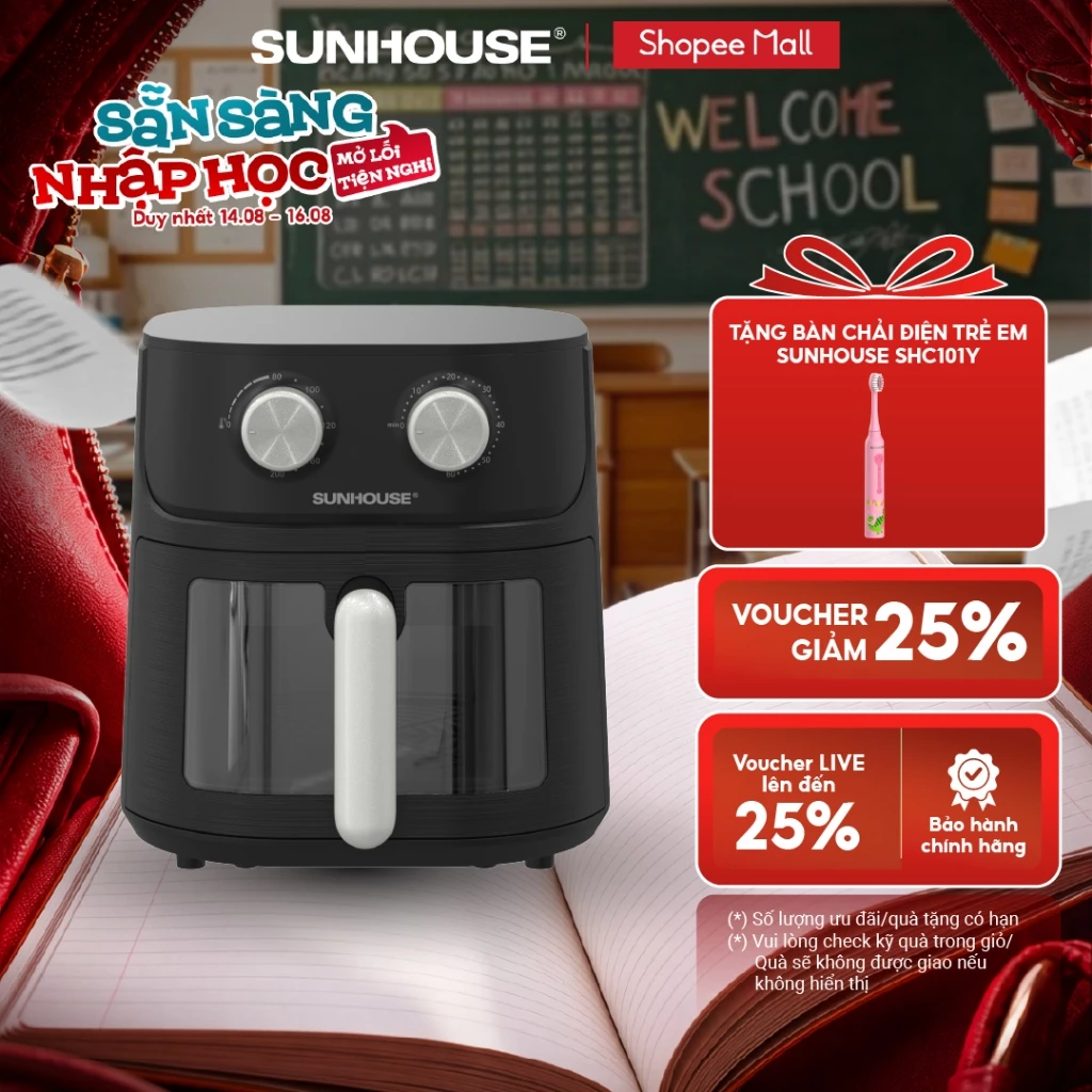 [Độc quyền] Nồi chiên không dầu 6.5L SUNHOUSE SHD4032 - Công nghệ Rapid Air giảm tới 80% dầu - Khoang chiên trong suốt