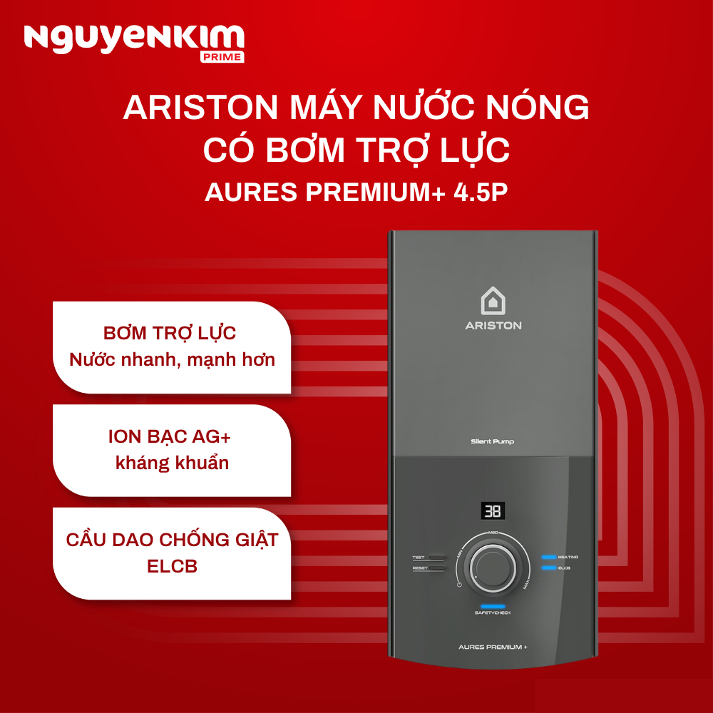 [Phí Lắp đặt 0Đ HN HCM] Máy nước nóng Ariston AURES Premium+ 4.5P - Có bơm trợ lực