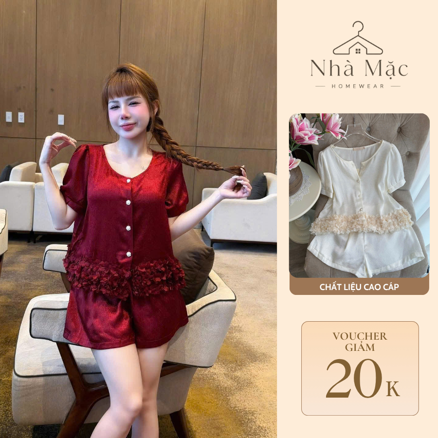 Bộ mặc nhà cao cấp nữ mùa hè, bộ đồ ngủ nữ áo cộc quần cộc, set đùi xốp 0884 -1 chất lụa mềm mát
