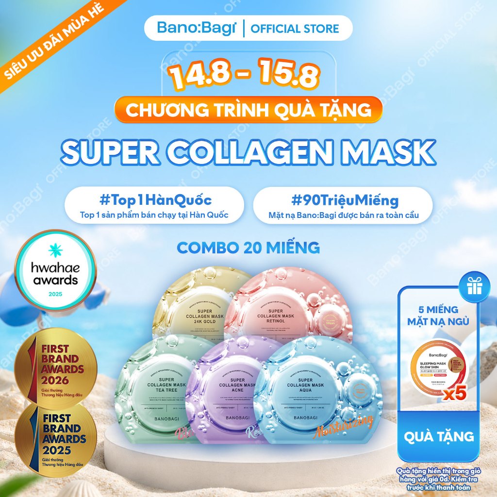 COMBO 20 Miếng Mặt Nạ Bano:Bagi Super Collagen Dưỡng Da Chuyên Sâu Dành Cho Mọi Loại Da 30ml