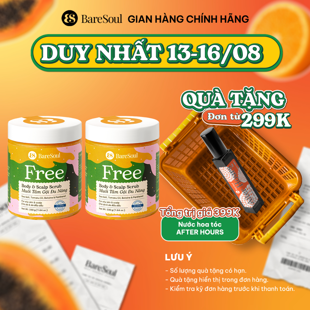 COMBO 2 Muối tắm gội tẩy da chết da đầu, tóc Free BareSoul Salt Body & Scalp Scrub 330G