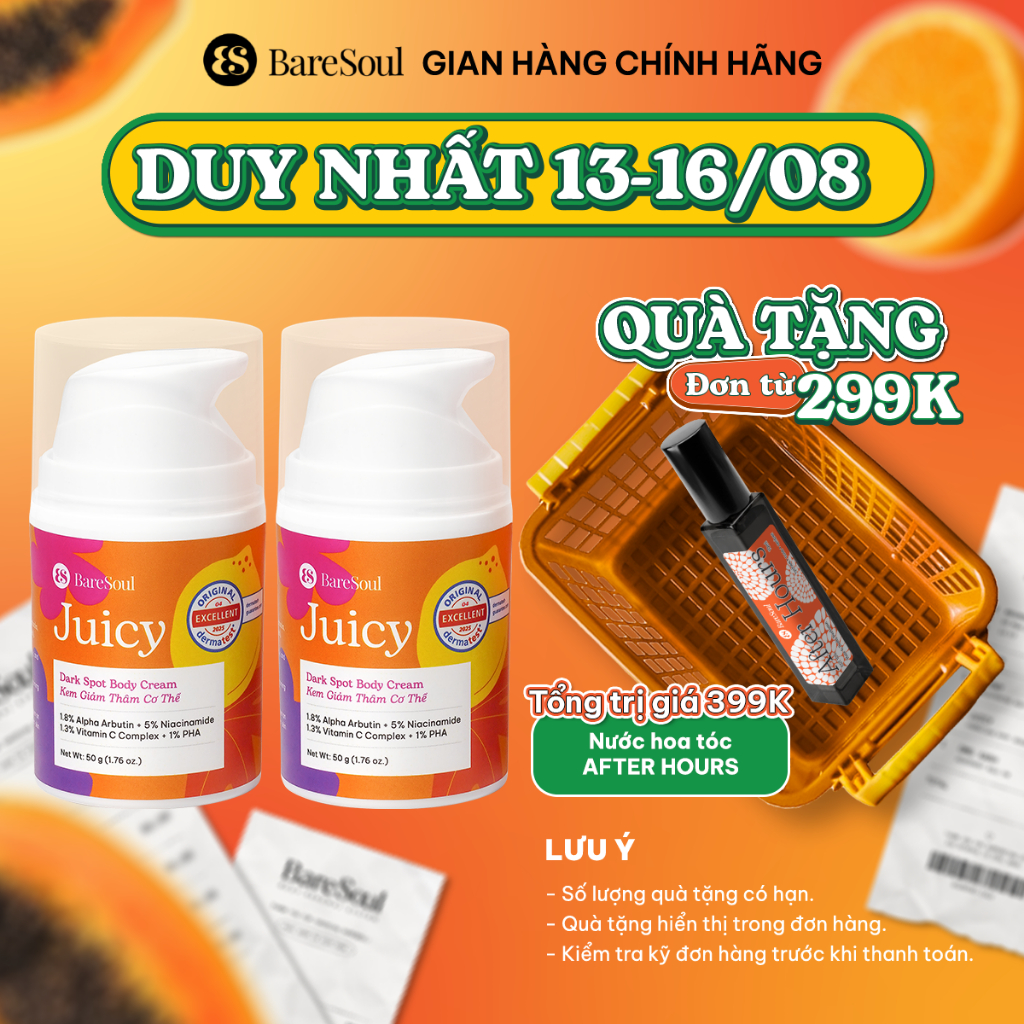 COMBO 2 Kem làm sáng, giảm thâm cơ thể BareSoul Juicy 50gx2 TẶNG 1 chai nước hoa tóc After Rain 10ml