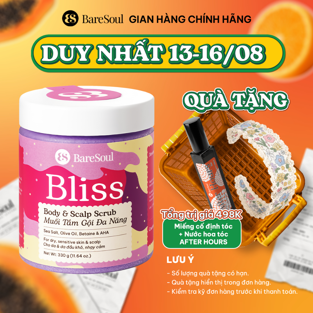 Muối tắm gội tím tẩy tế bào chết da đầu cho tóc tẩy nhuộm Bliss BareSoul Salt Body & Scalp Scrub 330g