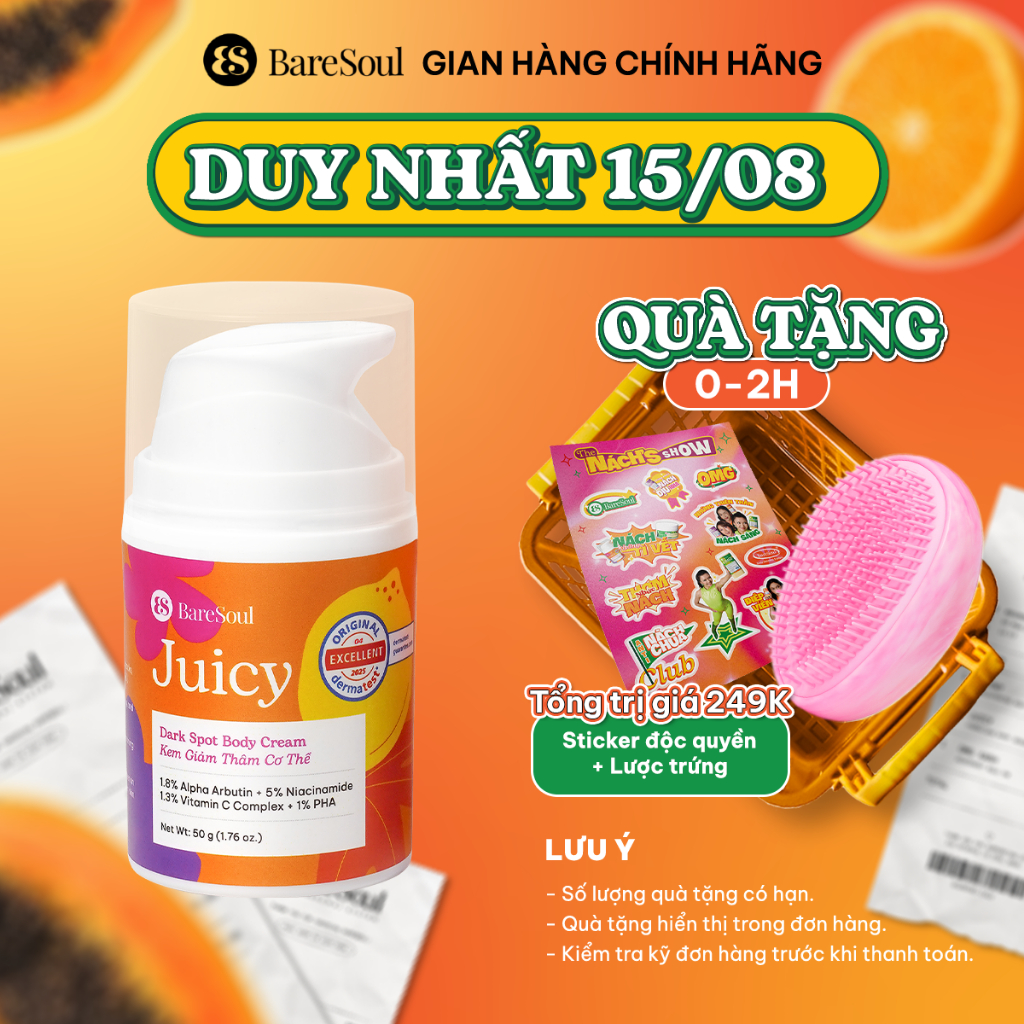 Kem làm sáng, giảm thâm mông, nách, bikini, đầu gối, khuỷu tay với Alpha Aburtin, Niacinamide BareSoul Juicy 50g
