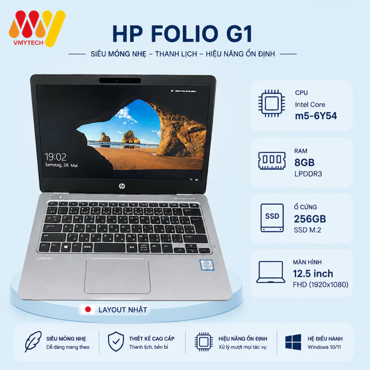 laptop HP EliteBook Folio G1, Core m5-6Y54 - Ram 8Gb - SSD 256Gb - Màn 12.5inch FHD Siêu Mỏng Nhẹ