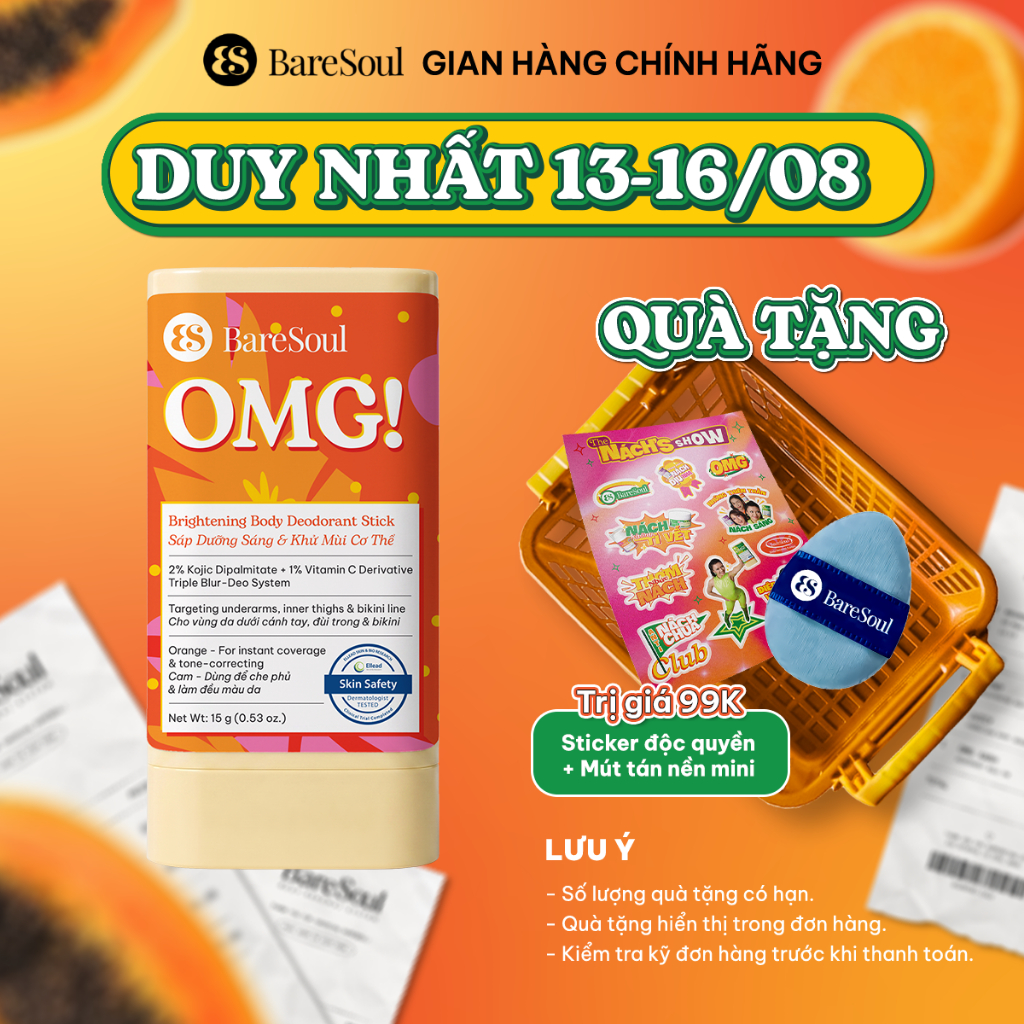 Sáp nhung dưỡng sáng & che khuyết điểm, khử mùi BareSoul OMG Cam 15g - Che phủ tức thì - Giúp làm sáng vùng nách