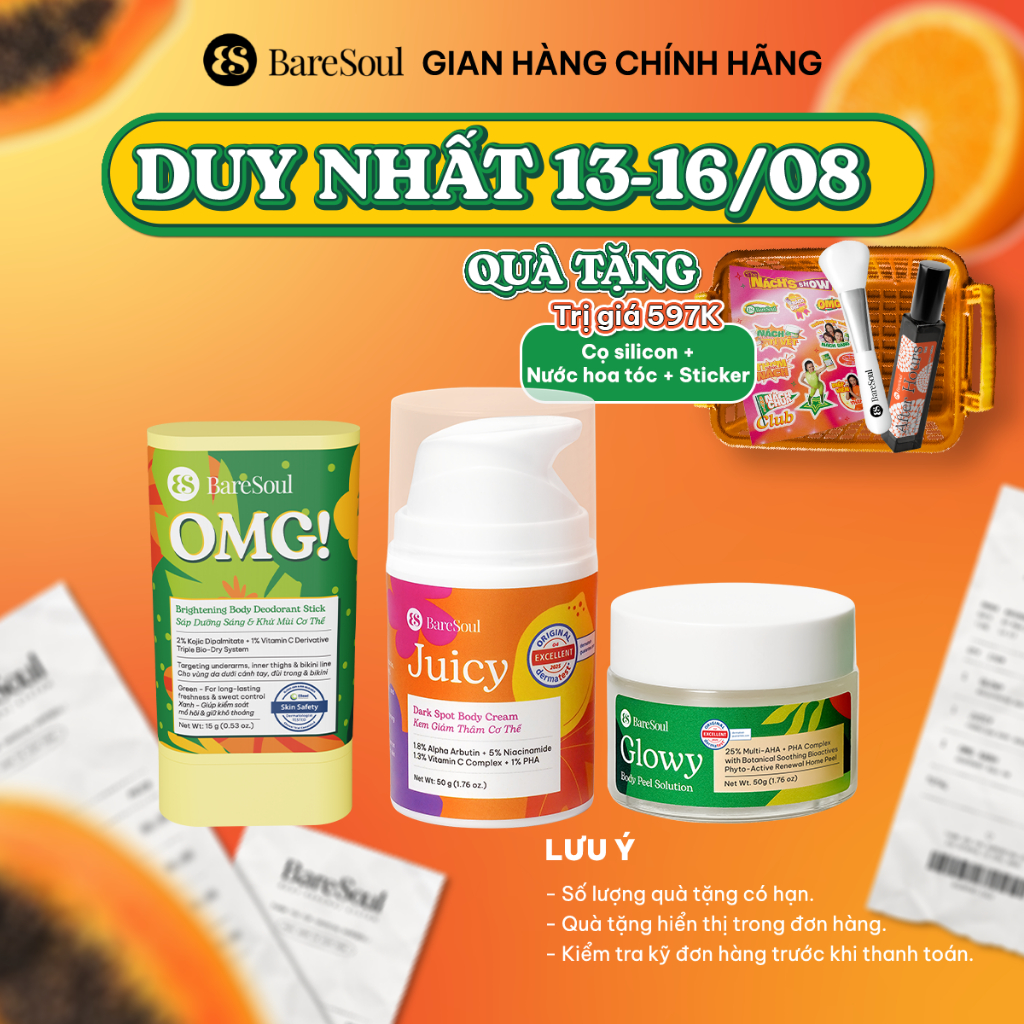 COMBO Peel Glowy 50g, kem dưỡng Juicy 50g, sáp nhung OMG Xanh 15g giúp làm sáng, giảm thâm, khử mùi nách, bẹn