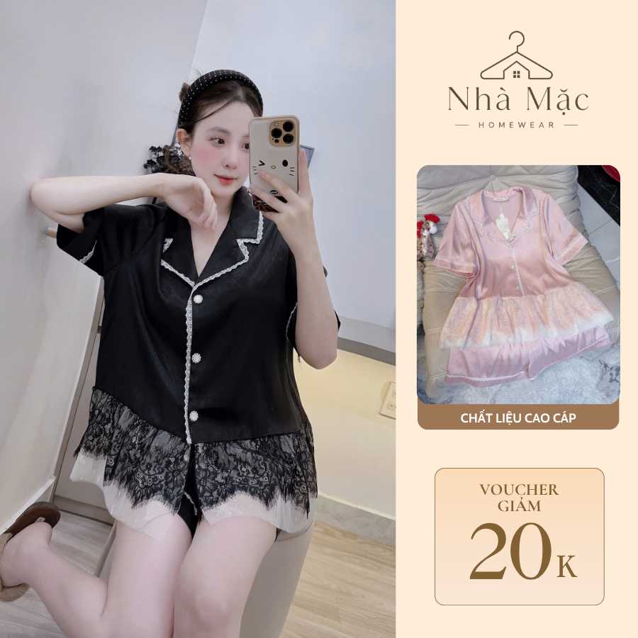 Bộ mặc nhà cao cấp nữ mùa hè, bộ đồ ngủ nữ áo cộc quần cộc, set đùi áo ren gấu 0094 chất lụa mềm mát