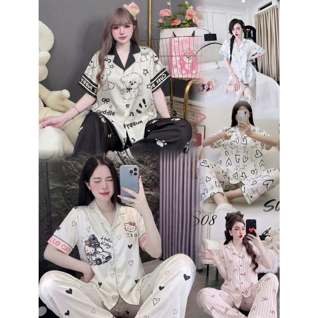 [40-60kg] Đồ Bộ Pijama Lụa Latin Cao Cấp Tay Ngắn Họa Tiết Dễ Thương