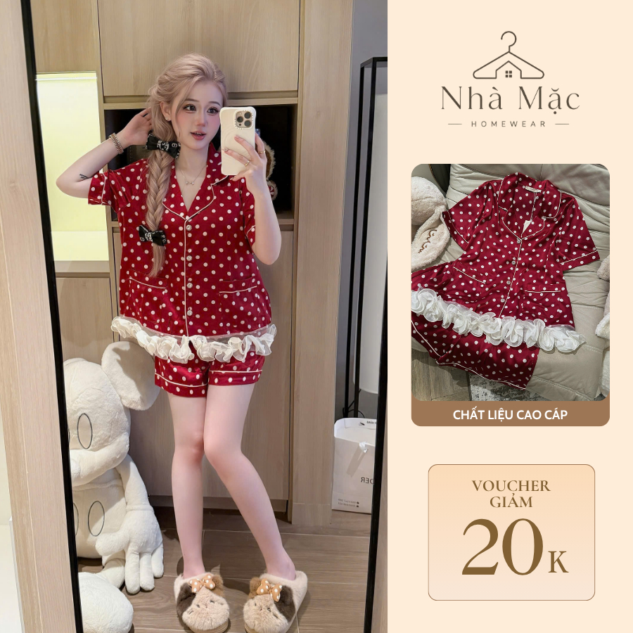 Bộ mặc nhà cao cấp nữ mùa hè, bộ đồ ngủ nữ áo cộc quần cộc, set đùi bi hoa hồng 0510 chất lụa mềm mát