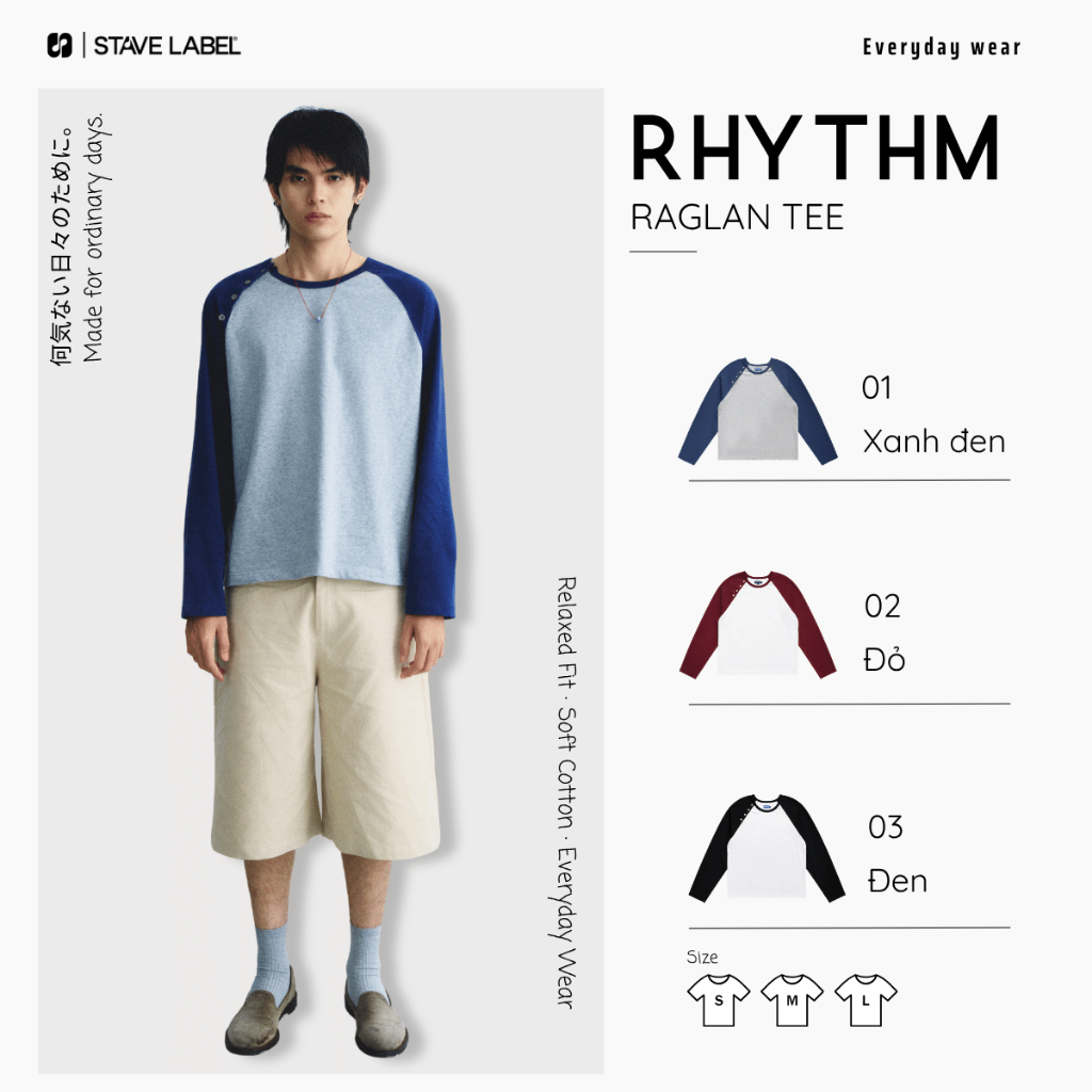 Áo thun raglan tay dài Rhythm Raglan Tee STAVE LABEL form regular vải cotton mềm mại, áo thun nam phối màu trẻ trung | BigBuy360 - bigbuy360.vn