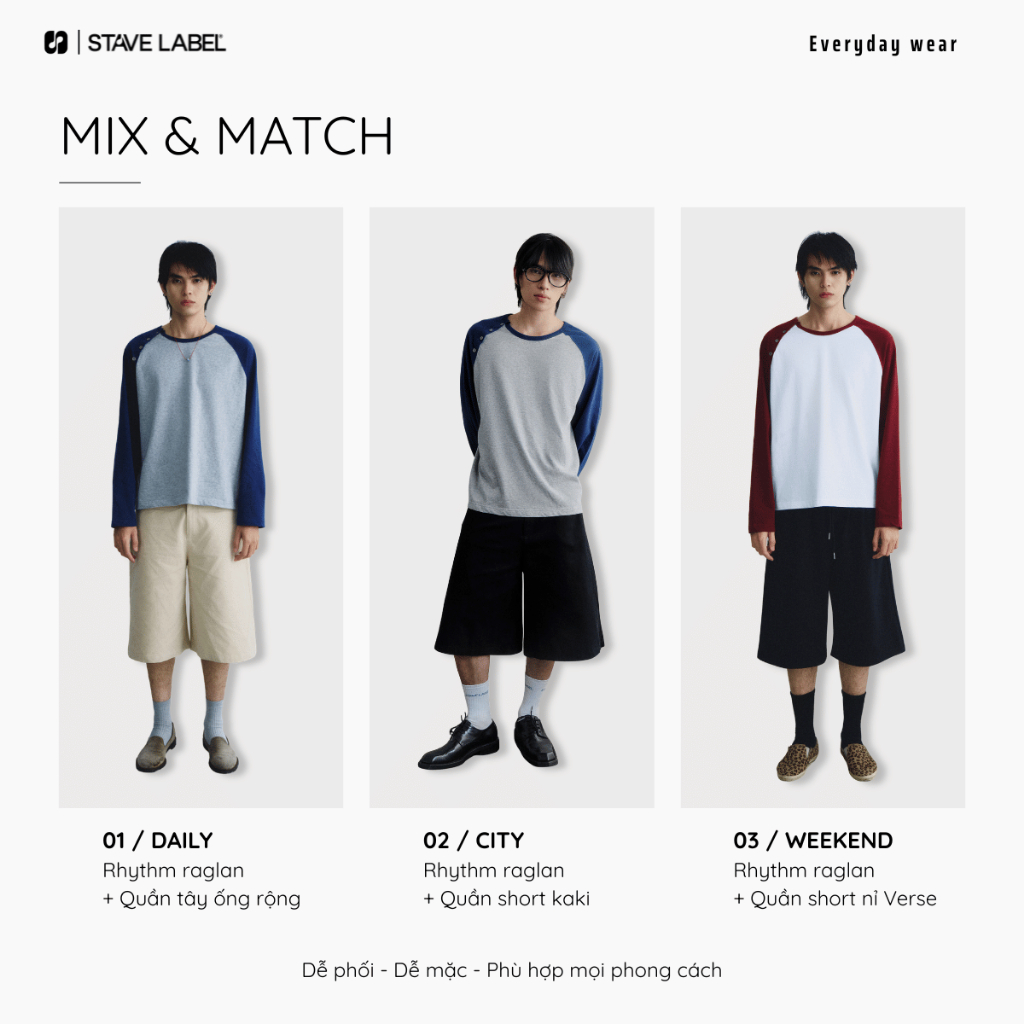 Áo thun raglan tay dài Rhythm Raglan Tee STAVE LABEL form regular vải cotton mềm mại, áo thun nam phối màu trẻ trung | BigBuy360 - bigbuy360.vn