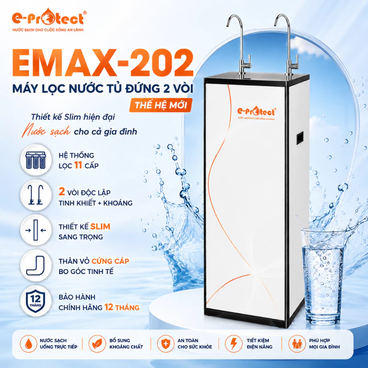 MÁY LỌC NƯỚC EPROTECT 2 VÒI NGUỘI TỦ SLIM , MODEL EMAX-202 11 CẤP LỌC CÓ KIỀM, NƯỚC UỐNG TRỰC TIẾP BẢO HÀNH 12 THÁNG
