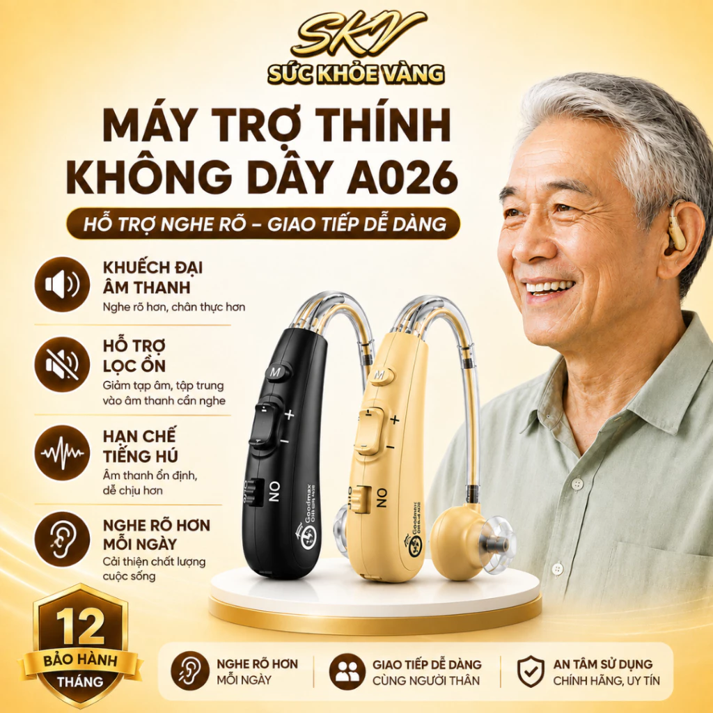 Máy Trợ Thính Không Dây A026 [BẢO HÀNH 12 THÁNG] Tai Nghe Trợ Thính Đeo Vành Tai Lọc Ồn - Chống Sôi - Chống Hú
