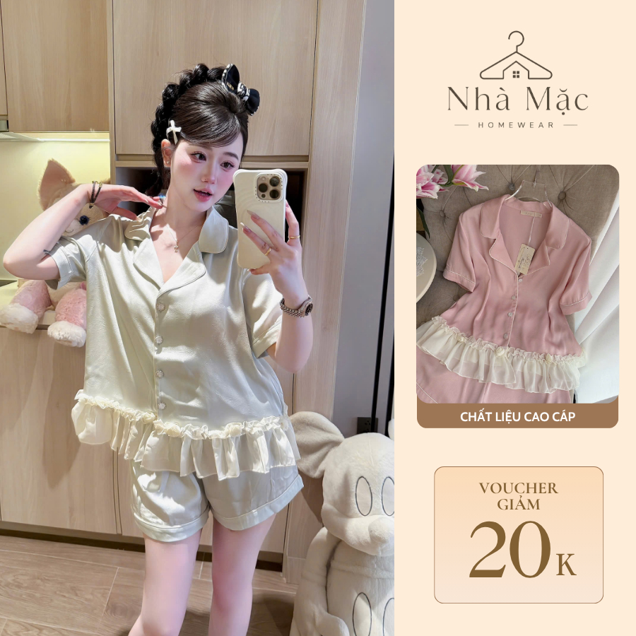 Bộ mặc nhà cao cấp nữ mùa hè, bộ đồ ngủ nữ áo cộc quần cộc, set đùi chỉ sun 0807 chất lụa mềm mát