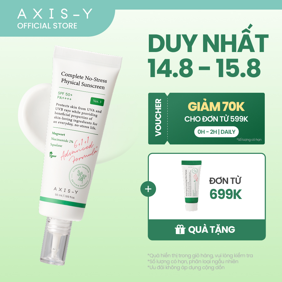 AXIS-Y Kem chống nắng Vật Lý Dịu Da Thuần Chay 2% Niacinamide SPF50+ PA++++ (V.3) | Complete No-Stress