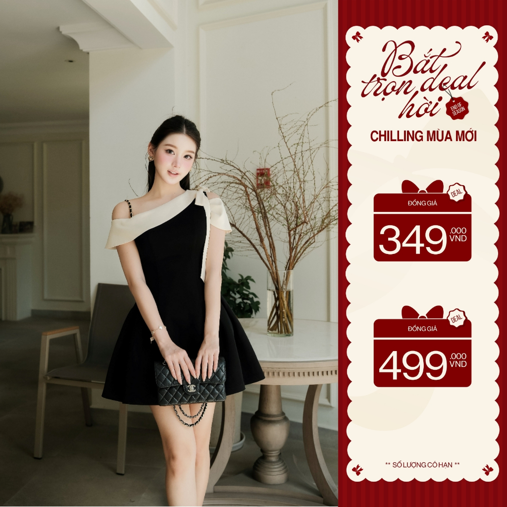 ZAMYSHOP - Váy thiết kế lệch vai phối be, váy đi tiệc, đi chơi sang trọng
