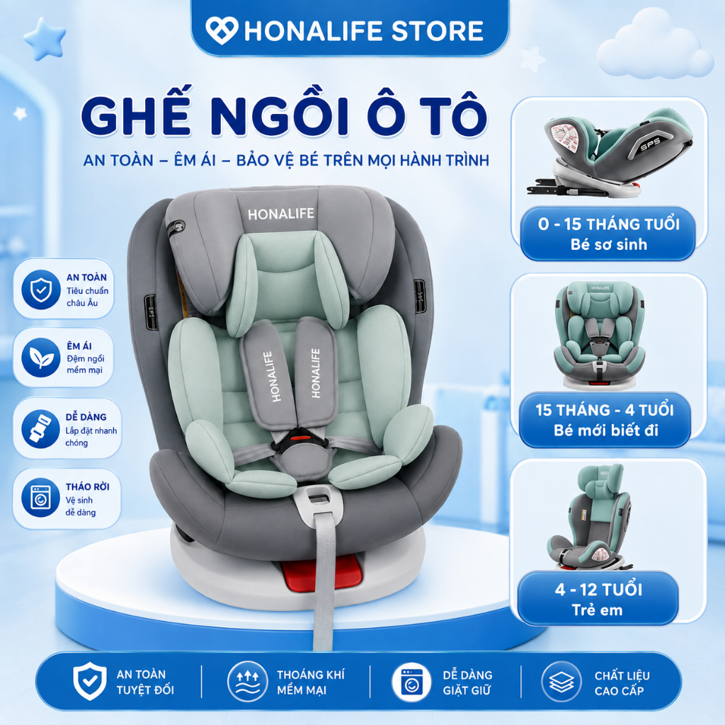 Ghế ngồi ô tô Honalife, bảo hành 24 tháng đạt chuẩn i-Size , dễ dàng tháo lắp tiện lợi