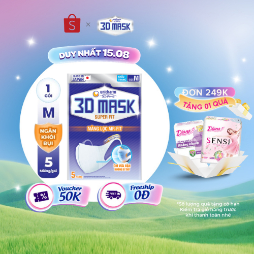 Khẩu trang ngăn khói bụi Unicharm 3D Mask Super Fit size M gói 5 cái