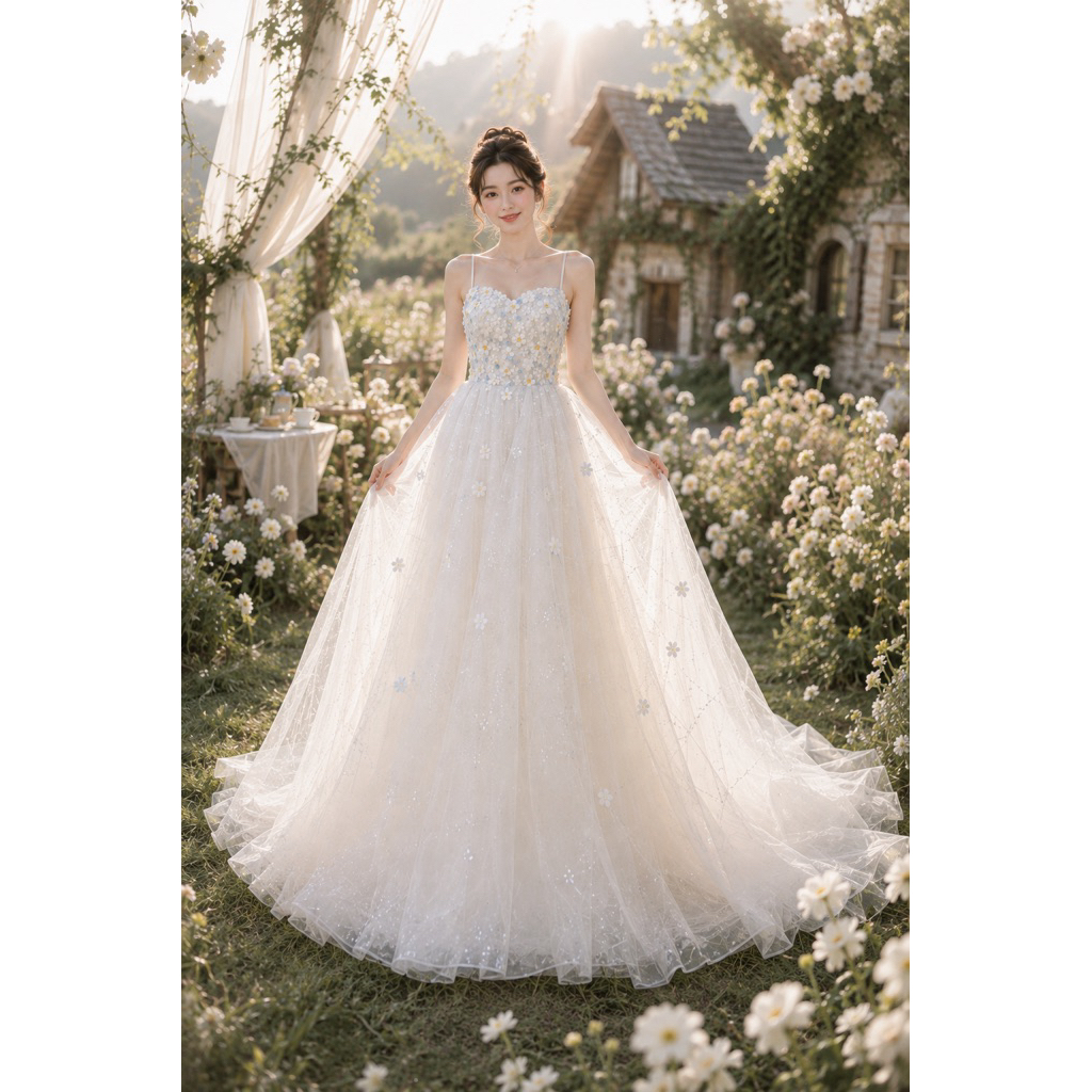 Đầm Công Chúa Nữ Dự Tiệc Hoa 3D Tulle Lấp Lánh Dáng Xòe Cúp Ngực 2 Dây Phong Cách Nàng Thơ