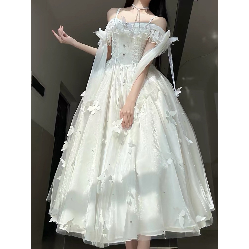 Đầm Công Chúa Nữ Dự Tiệc Cổ Trễ Vai Hoa 3D Dáng Xòe Tulle Lấp Lánh Phong Cách Nàng Thơ
