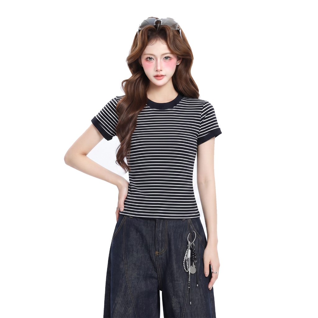 Áo Thun Nữ Dáng Ôm Kẻ Sọc PINKSTORE29 Phối Viền Tay Cổ Kiểu Basic A51505 | BigBuy360 - bigbuy360.vn