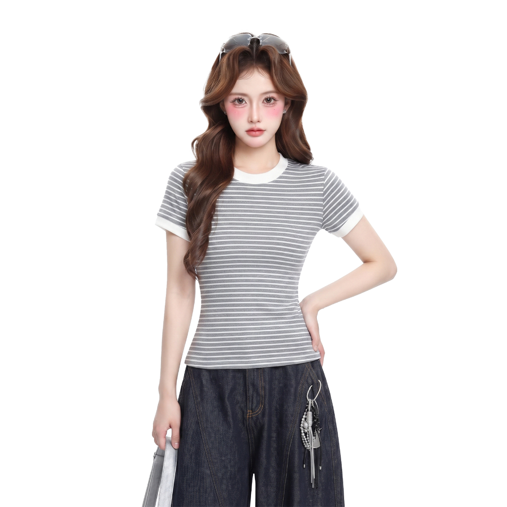 Áo Thun Nữ Dáng Ôm Kẻ Sọc PINKSTORE29 Phối Viền Tay Cổ Kiểu Basic A51505 | BigBuy360 - bigbuy360.vn
