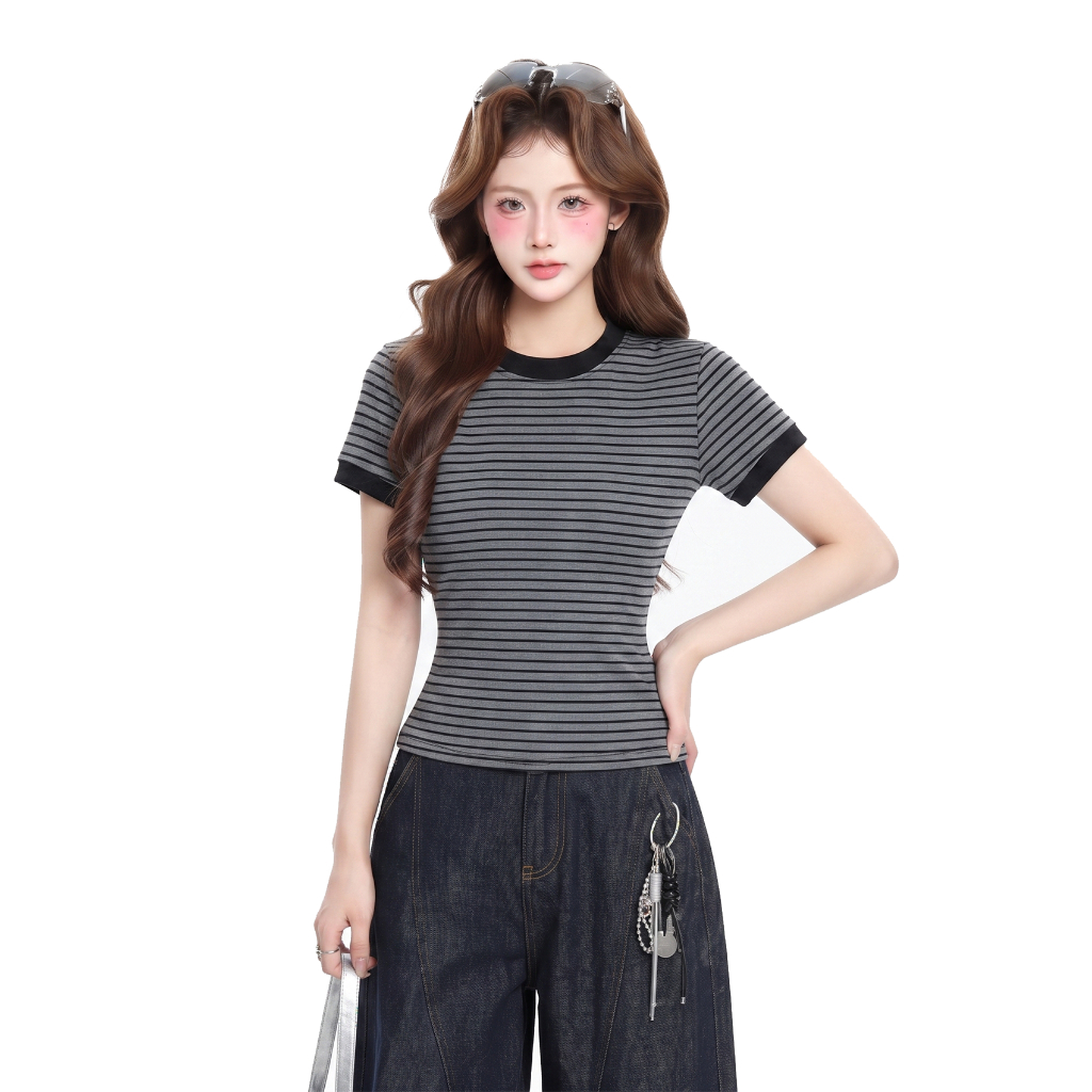 Áo Thun Nữ Dáng Ôm Kẻ Sọc PINKSTORE29 Phối Viền Tay Cổ Kiểu Basic A51505 | BigBuy360 - bigbuy360.vn