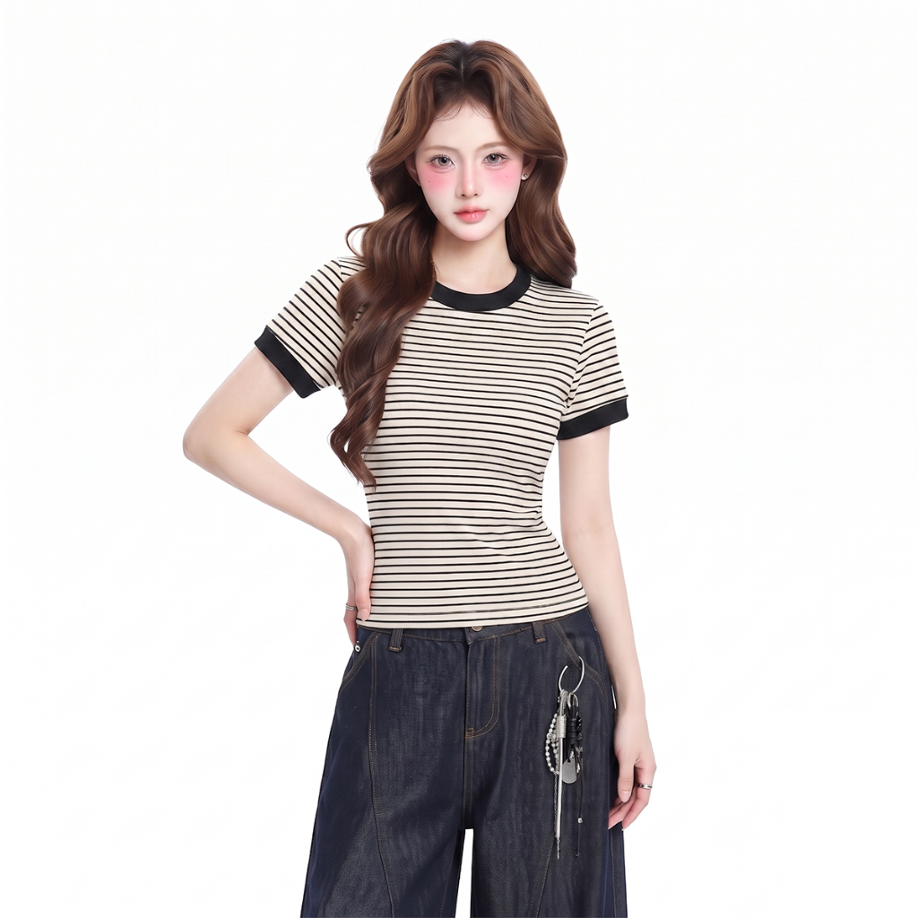 Áo Thun Nữ Dáng Ôm Kẻ Sọc PINKSTORE29 Phối Viền Tay Cổ Kiểu Basic A51505 | BigBuy360 - bigbuy360.vn