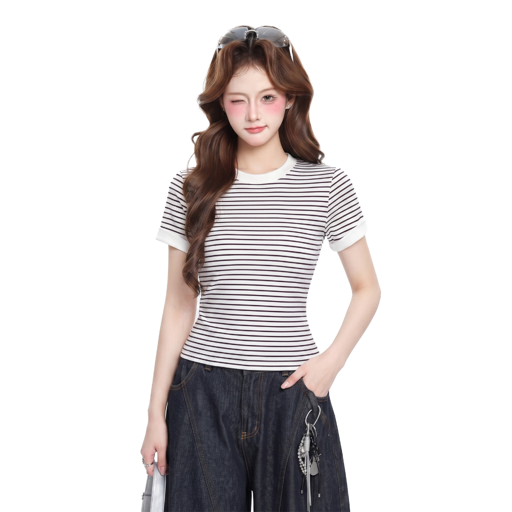 Áo Thun Nữ Dáng Ôm Kẻ Sọc PINKSTORE29 Phối Viền Tay Cổ Kiểu Basic A51505 | BigBuy360 - bigbuy360.vn