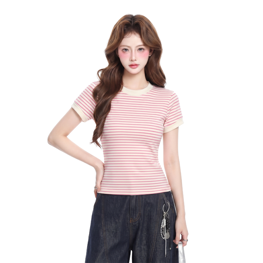 Áo Thun Nữ Dáng Ôm Kẻ Sọc PINKSTORE29 Phối Viền Tay Cổ Kiểu Basic A51505 | BigBuy360 - bigbuy360.vn