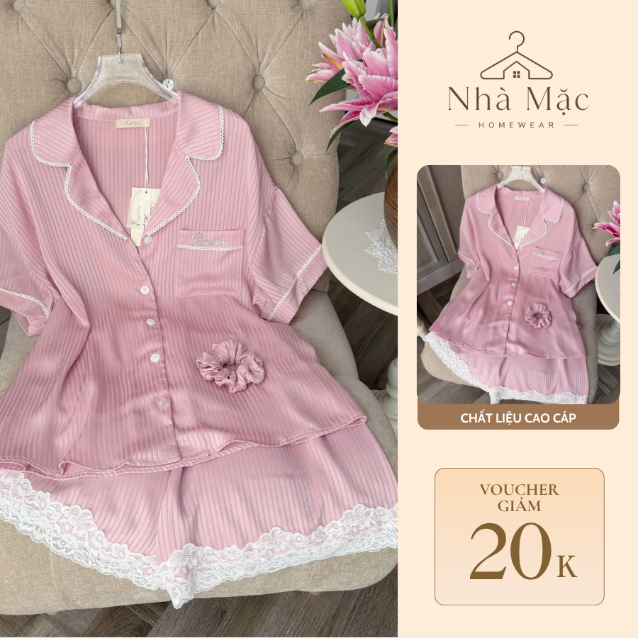 Bộ mặc nhà cao cấp nữ mùa hè, bộ đồ ngủ nữ áo cộc quần cộc, set đùi kẻ hồng sơmi 0910 chất lụa mềm mát