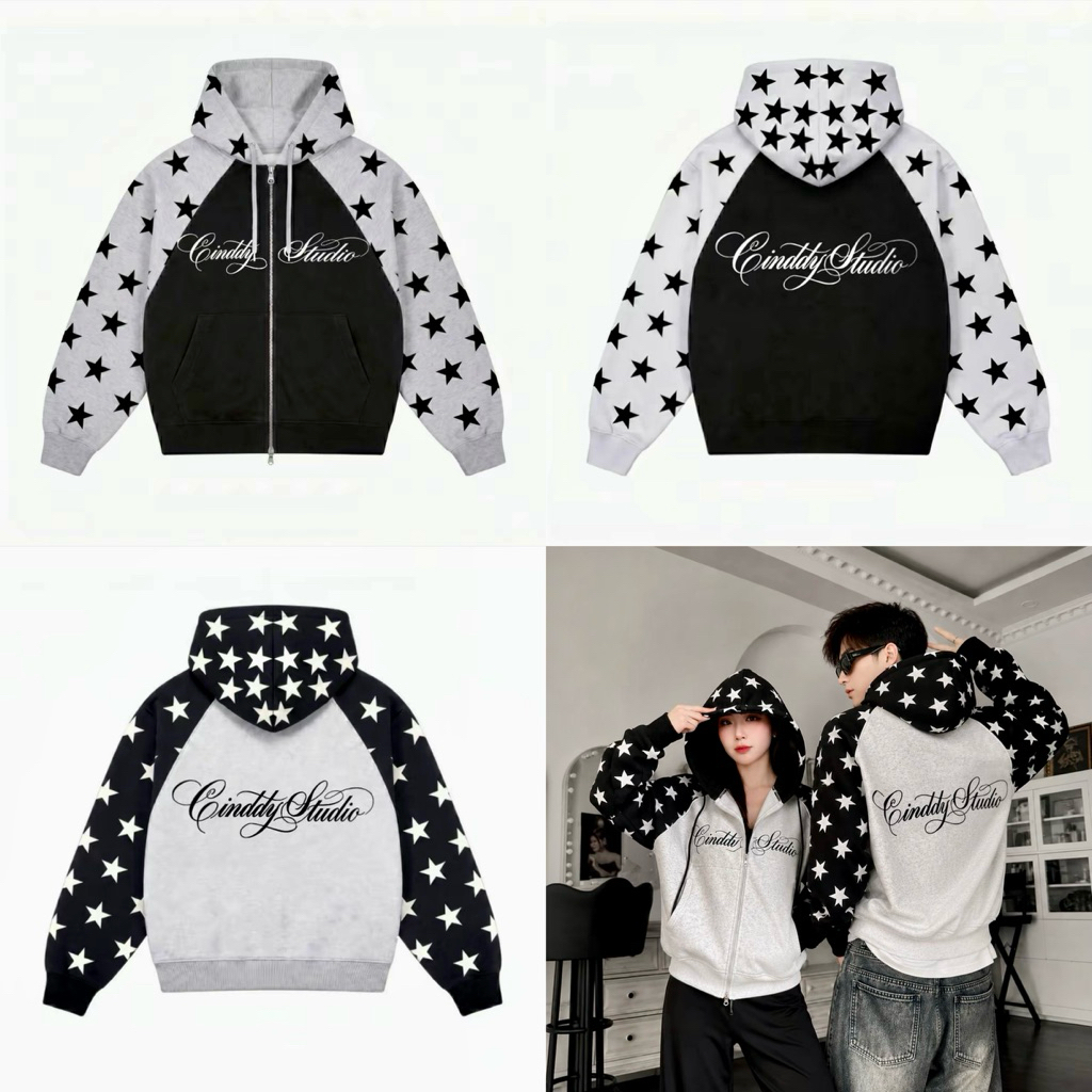 [Áo Nỉ Mịn Không Xù] Áo Nỉ Zip Khóa.Mũ 2 Lớp Họa Tiết Phối Tay In Ngôi Sao.Chất Nỉ mịn Dày Dặn Không Xù.Hottren 2026