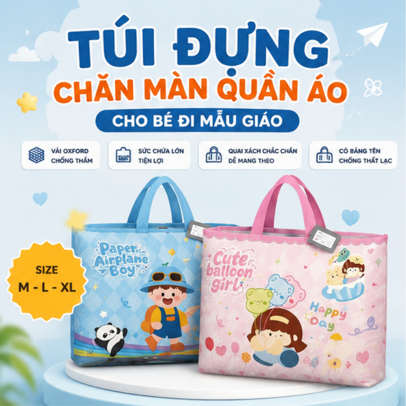 Túi Đựng Chăn Màn Quần Áo Cho Bé Đi Mẫu Giáo, Túi Xách Vải Oxford Chống Thấm Họa Tiết Hoạt Hình Cute