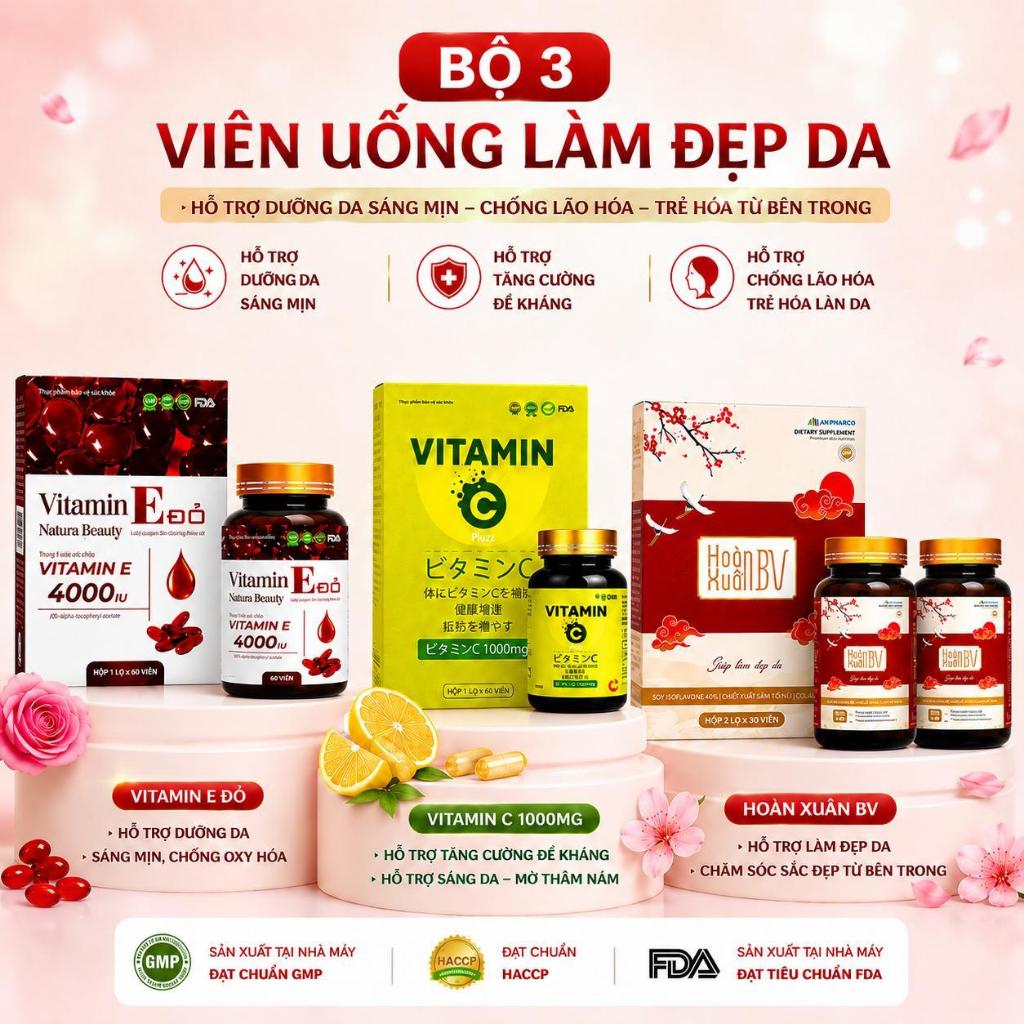 Bộ viên uống làm đẹp da (TPBVSK  Vitamin C ,TPBVSK  Vitamin E Đỏ , TPBVSK HOÀN XUÂN BV ) 60 VIÊN MP02g